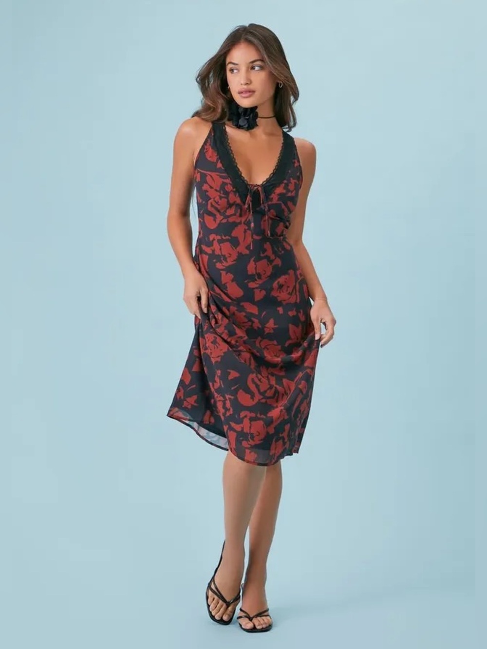 Forever 21 Women's Floral Print Lace-Trim Midi Dress in Black, XS